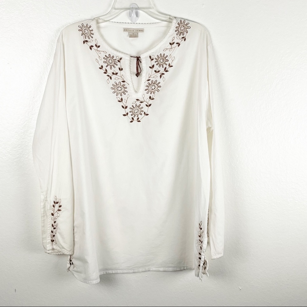 ANTILIA FEMME 100% Cotton White Embroidered Sheer Lightweight Blouse 1X Boho